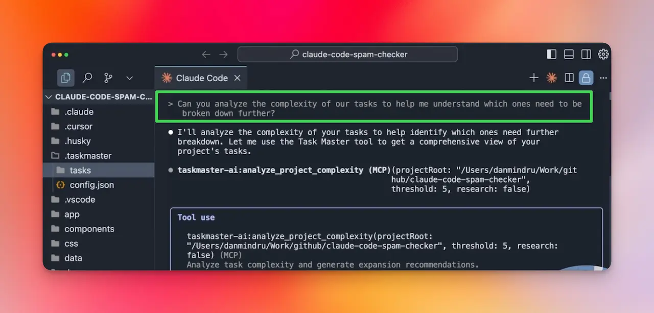 Analyzing complexity in Claude Code with Taskmaster AI