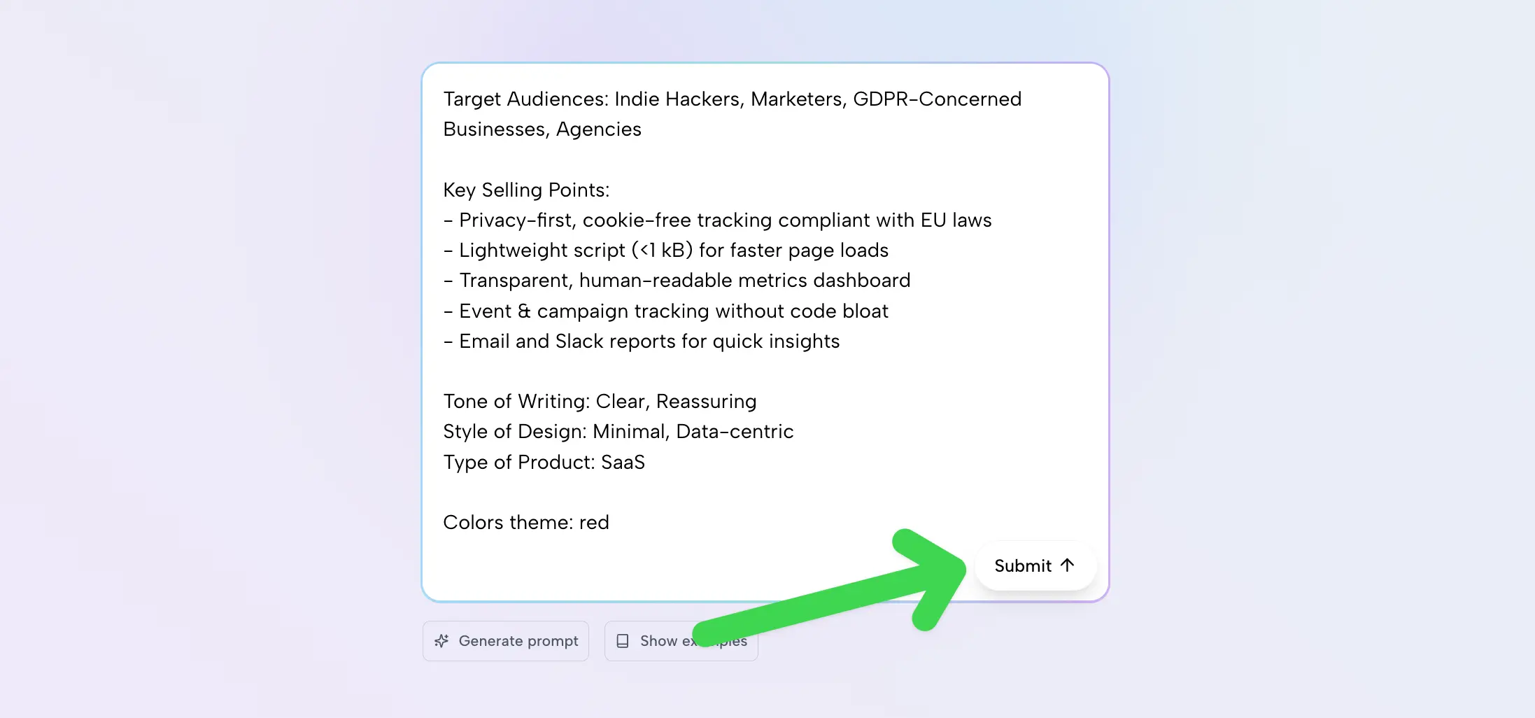 Prompting PageAI to geneare a website: example prompt submission