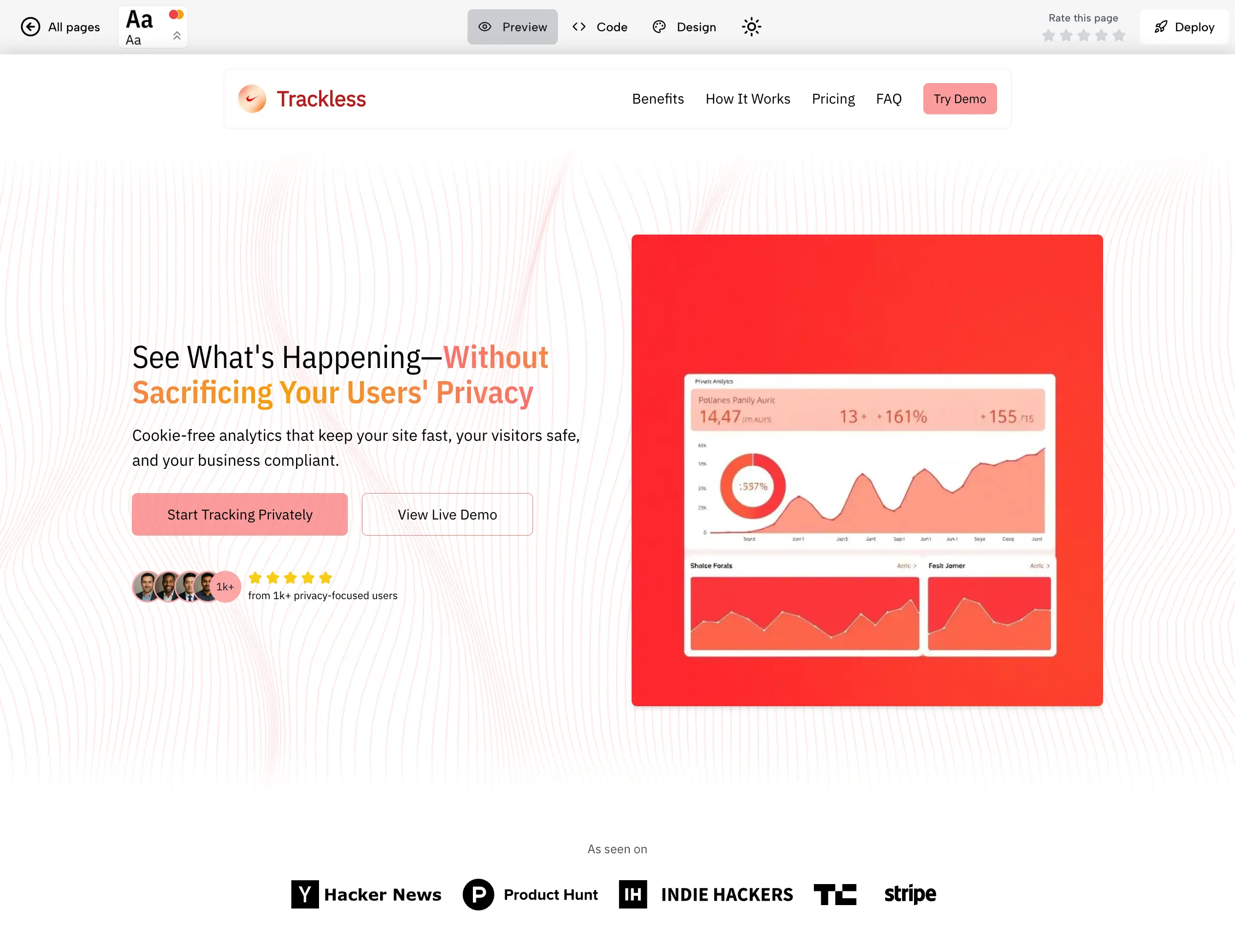 PageAI generating a website: full page preview