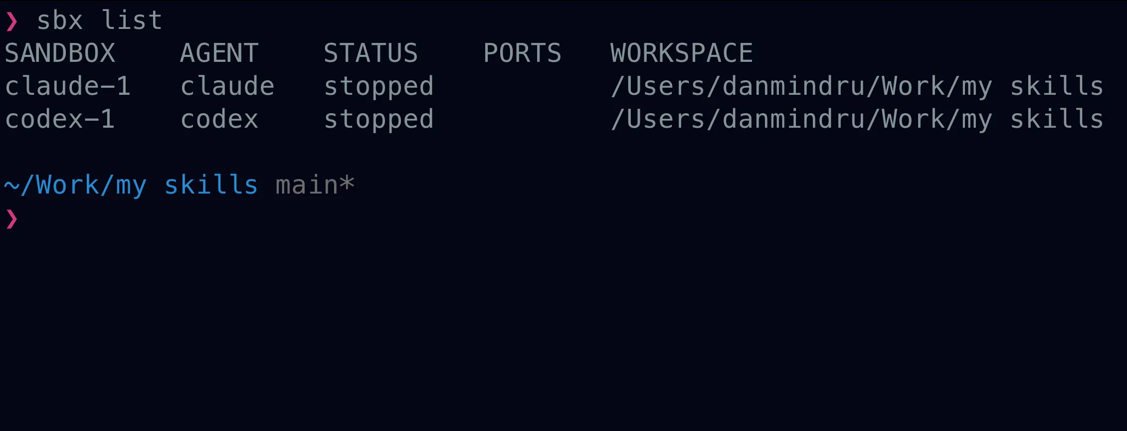 Docker Sandbox (sbx) list output