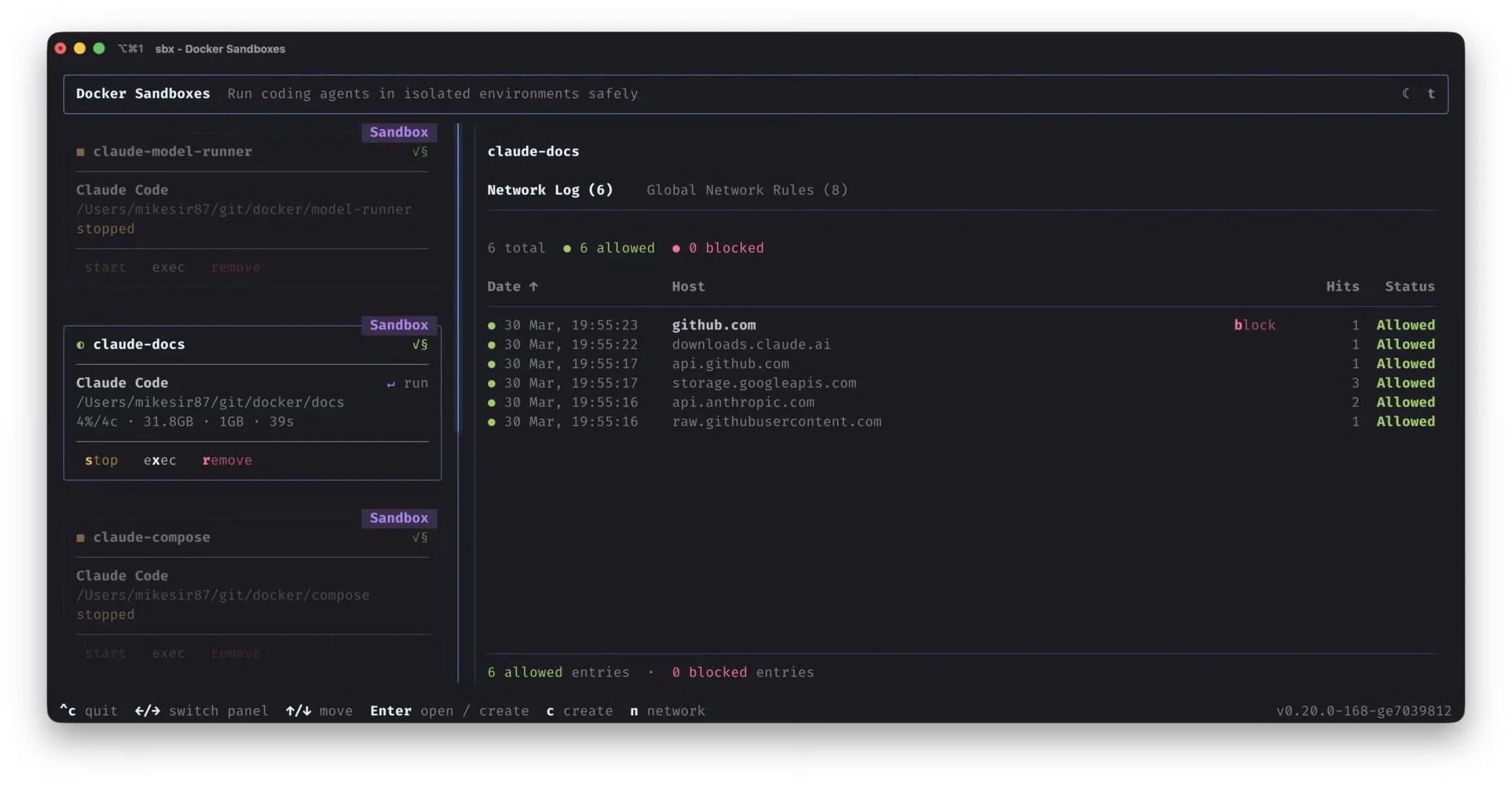 Docker Sandbox (sbx) TUI dashboard